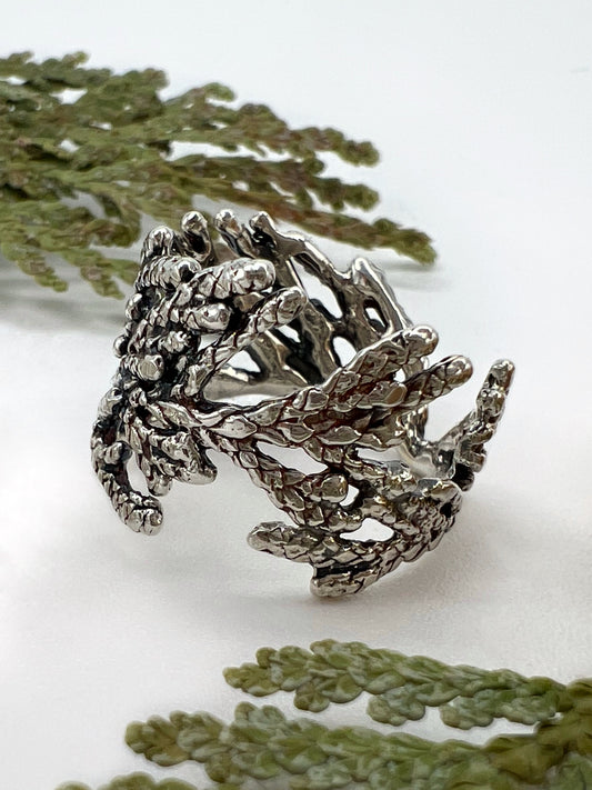 Oxidized silver ring on a white background with sprigs of cedar surrounding it. The ring is wide & made from pieces of juniper branches.