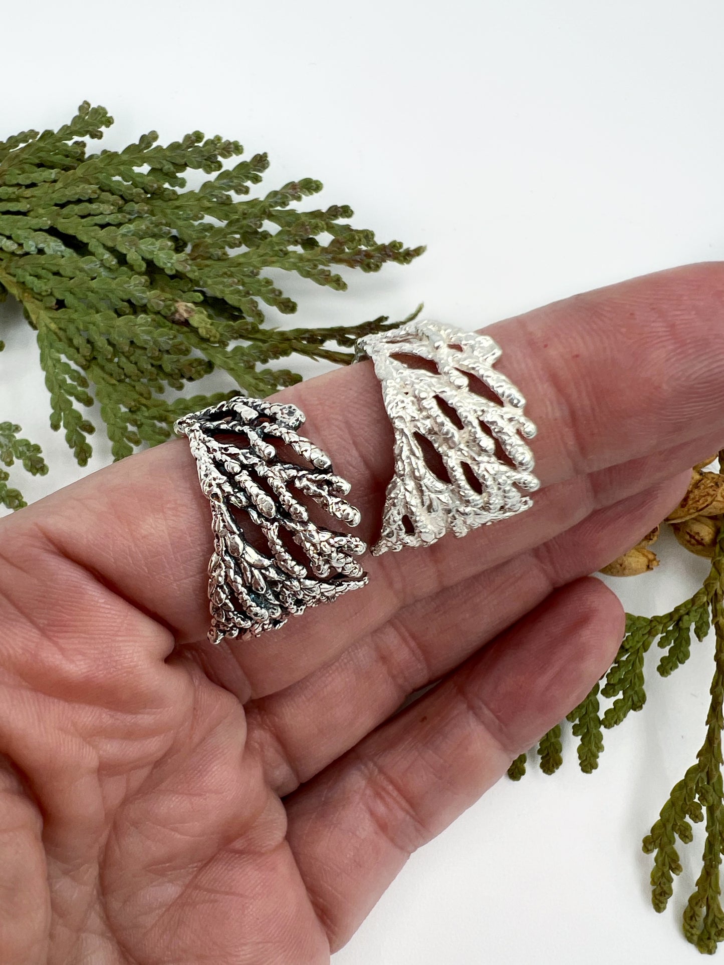 Two silver rings made of juniper worn on the finger. Woman's hand in front of white background with greenery displays one oxidized and one silver coloured ring.