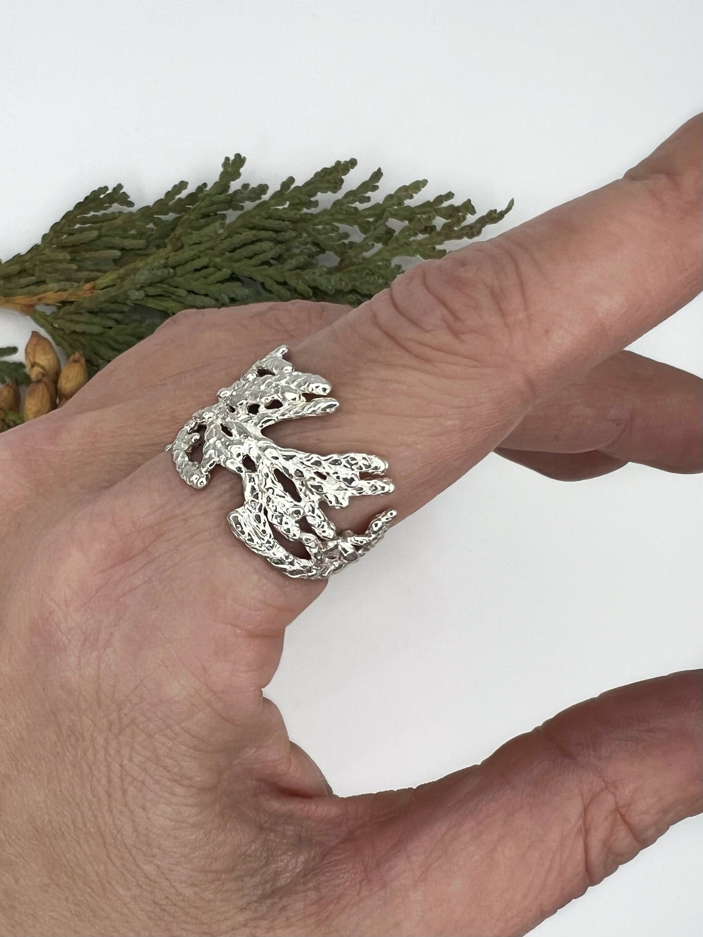 Silver ring made of juniper worn on the finger. Woman's hand with pointed finger in front of white background with greenery.