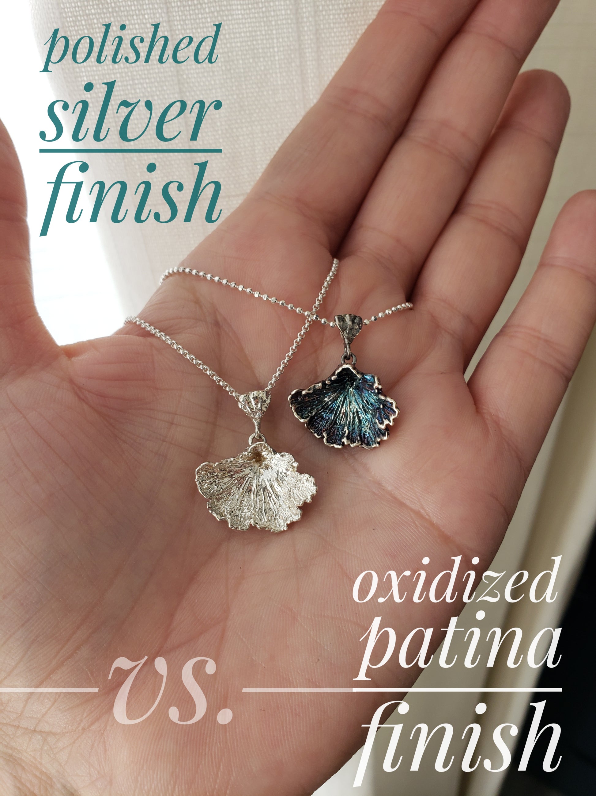 Hand holding two sterling silver fungi pendants with ruffled edges. Polished silver finish vs. oxidized patina finish.
