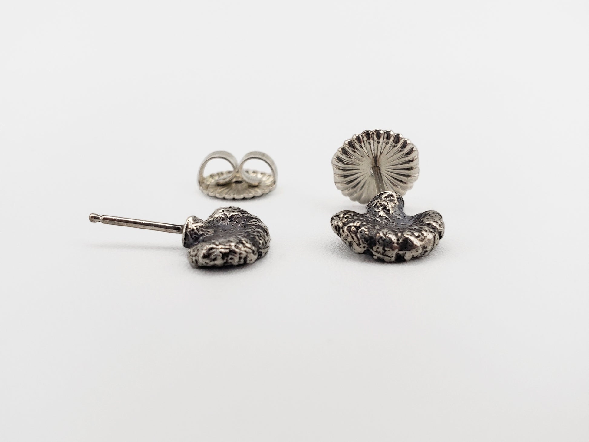 Oxidized sterling silver fungus stud earrings with large butterfly backs