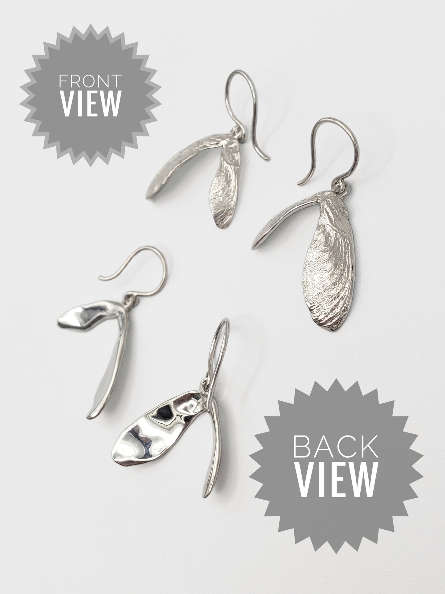 Silver maple key earrings showing front and back view