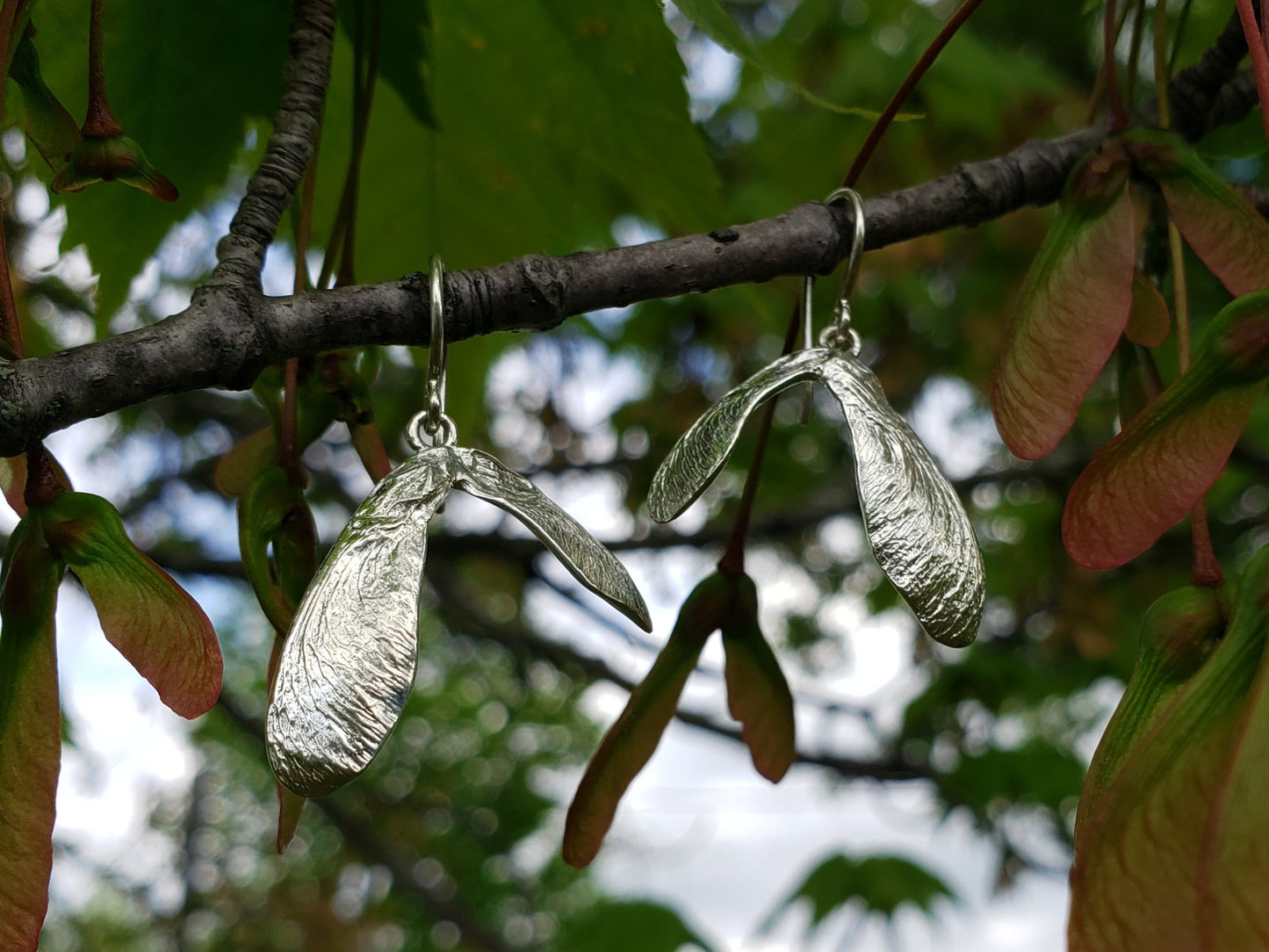 Silver maple key earrings
