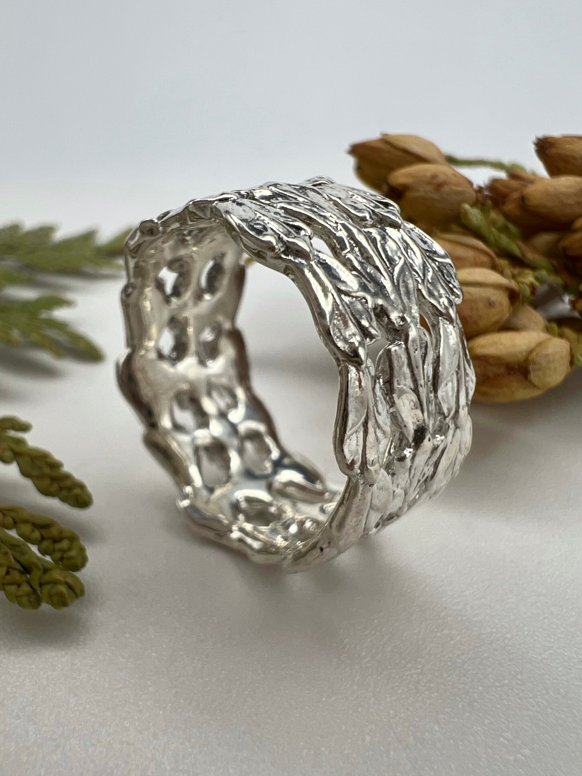 Sterling silver triple cedar ring with three bold bands, cast from real cedar.