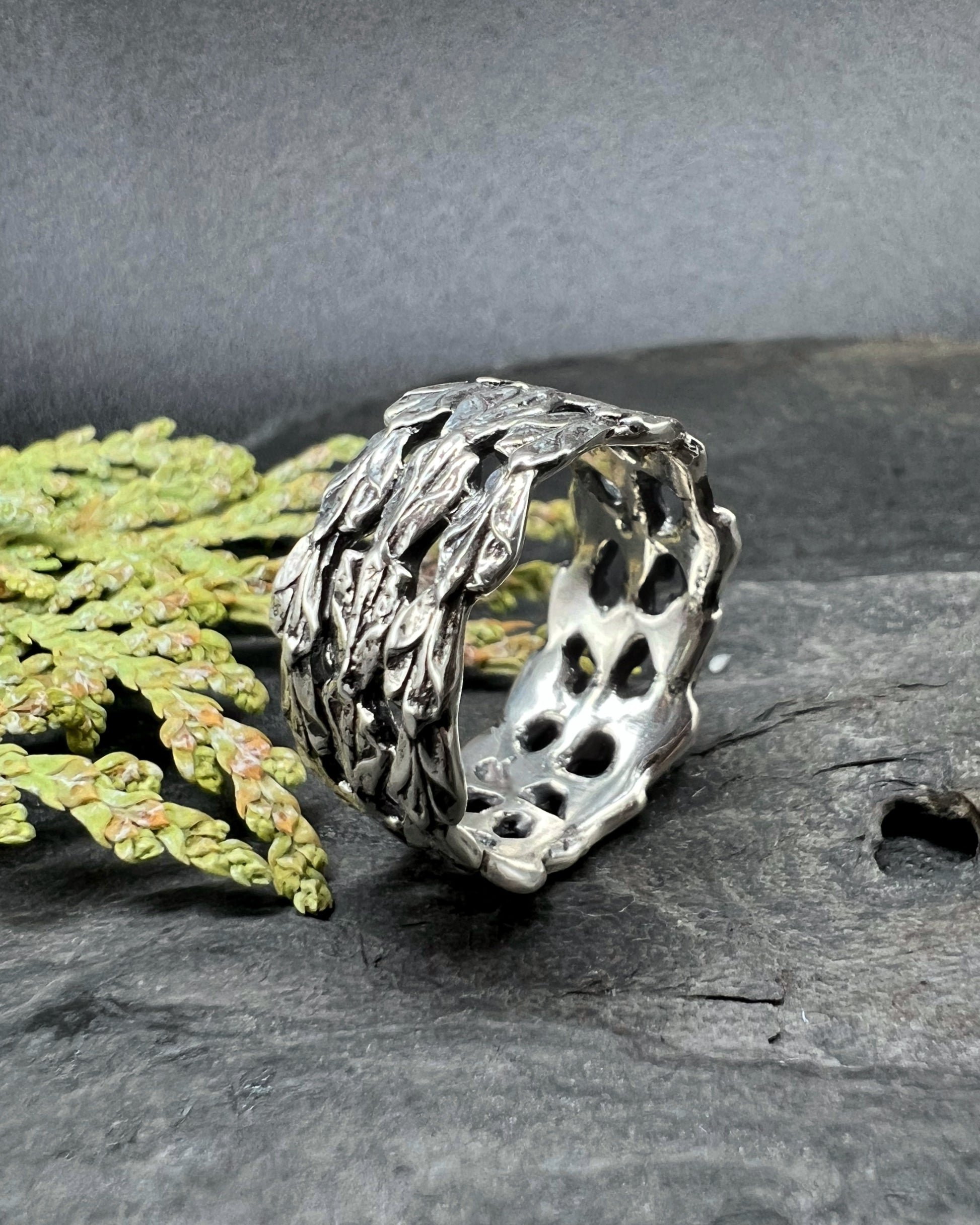 Oxidized sterling silver triple cedar ring with three bold bands, cast from real cedar.