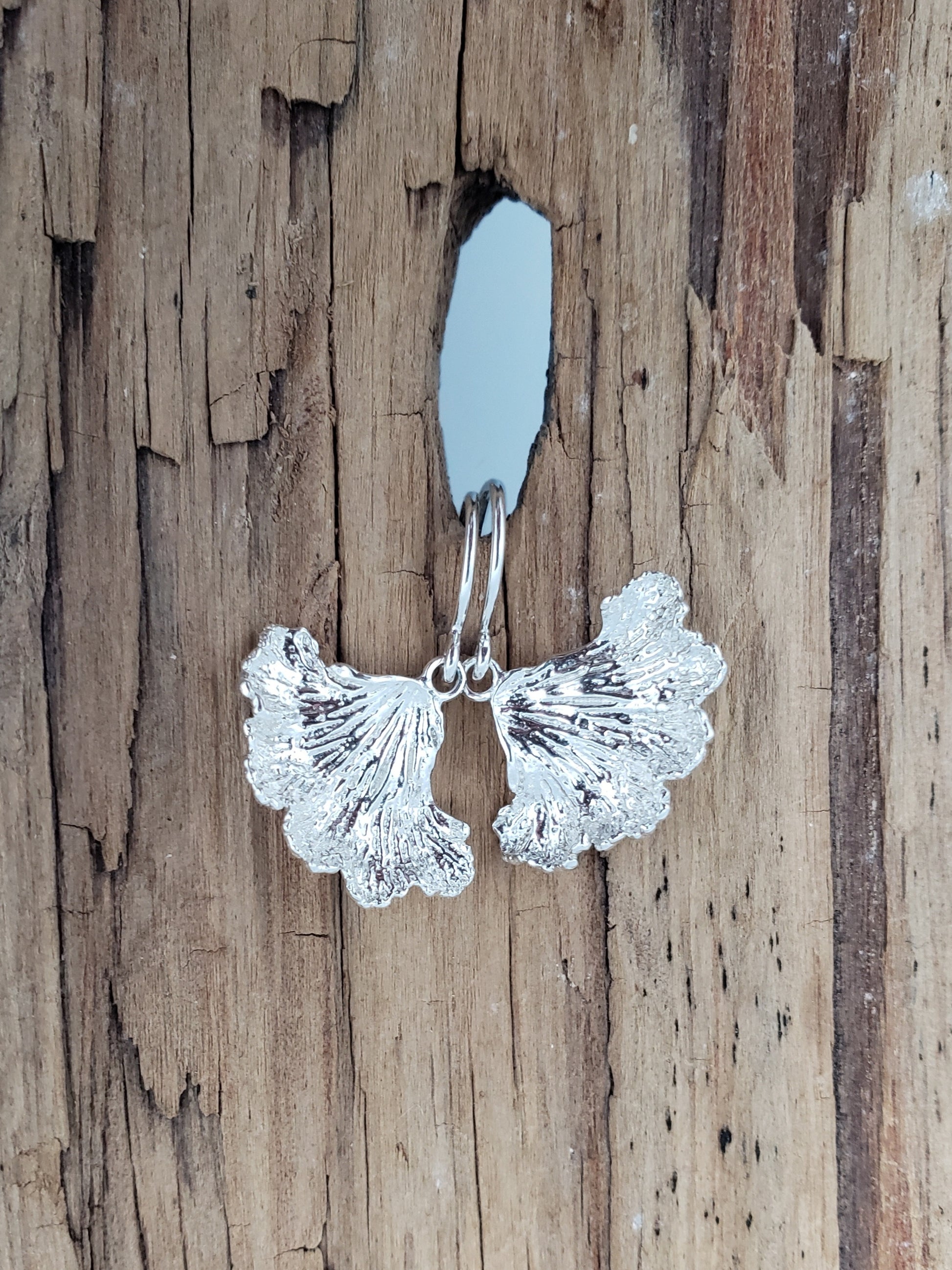 Sterling silver fungi earrings with a ruffled edge hanging from a hole in wood.